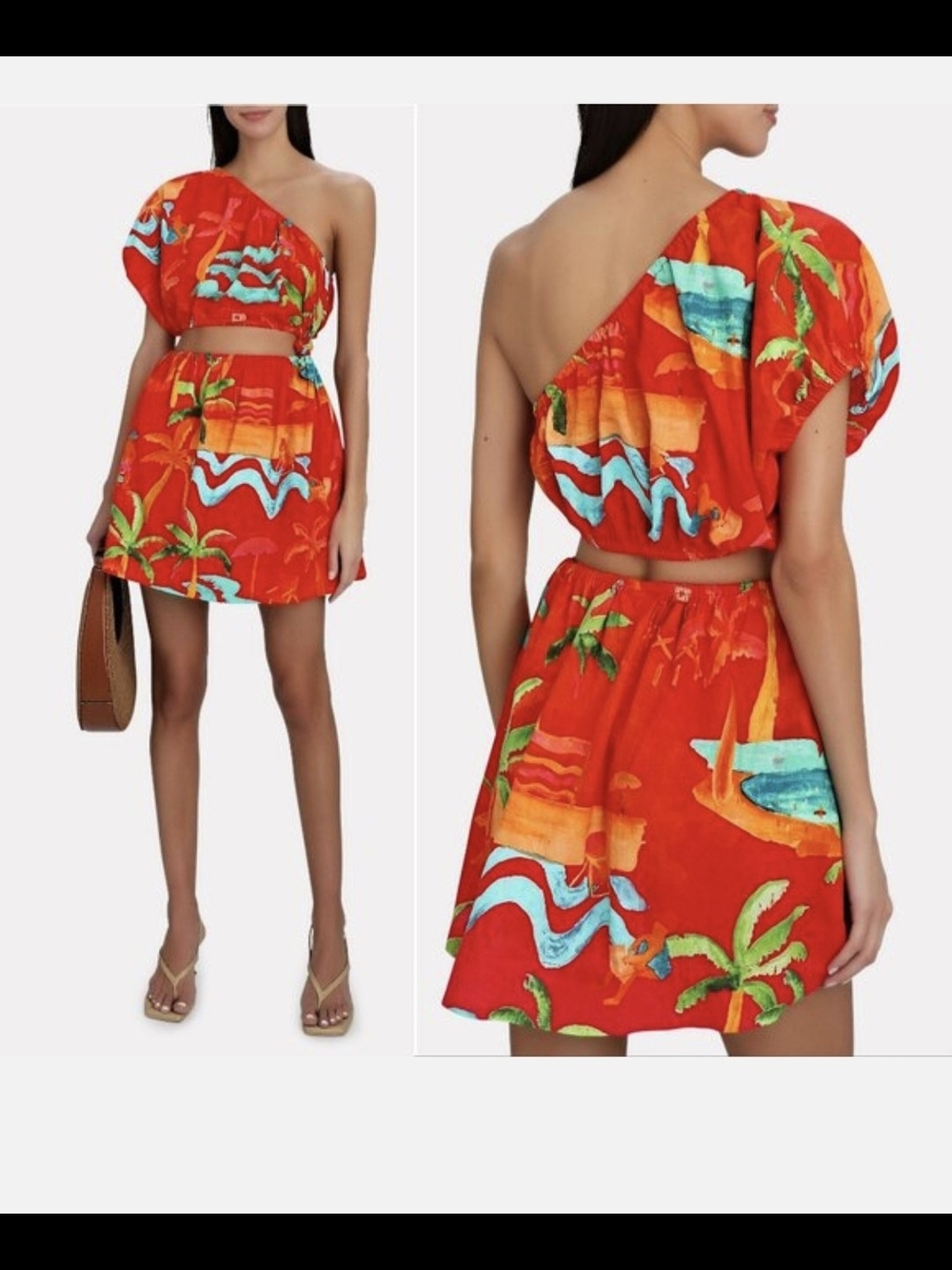 Farm Farmrio One-Shoulder Tropical Print Mini Dress in Vibrant Red